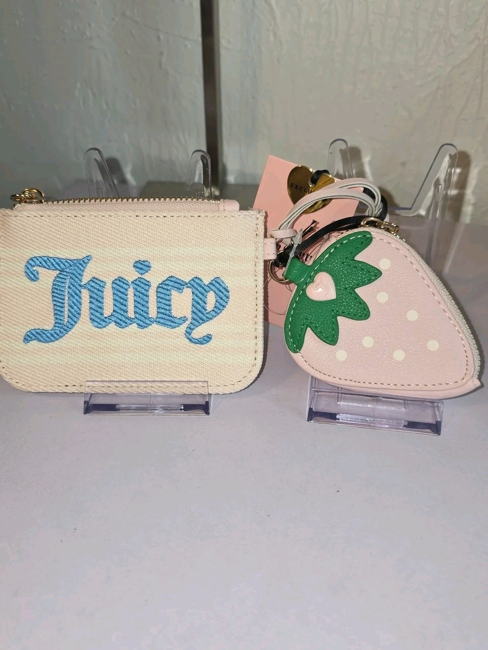 Juicy Couture Cream Coin Pouch with Pink Strawberry Charm Keyring NWT